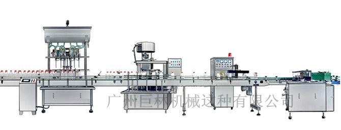 直列式裝機、自動鎖蓋機、鋁箔封口、糨糊貼標灌裝線 